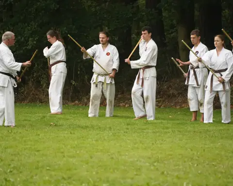Instructie in jo-technieken aan een rij karateka's