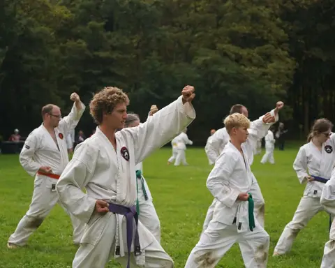 Karateka voert een omhoog gerichte techniek uit tijdens de training