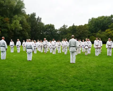 De groep staat opgesteld voor aanvang van de training