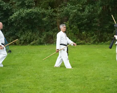 Sensei loopt met jo-staf langs de trainende groep