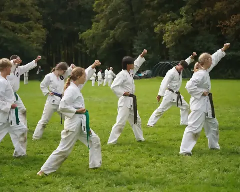 Karateka's oefenen kata op het grasveld