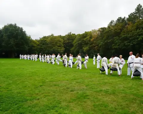 Lange rij karateka's traint met stootkussens