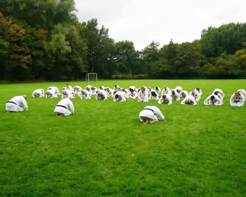 De hele groep buigt in zarei op het grasveld
