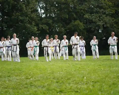 Rij karateka's in kamae tijdens de kihon-training