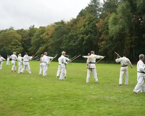Groep traint jo-technieken in gelid op het veld