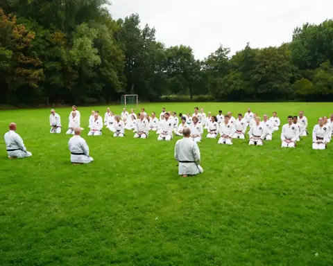 Deelnemers in seiza luisteren naar de sensei