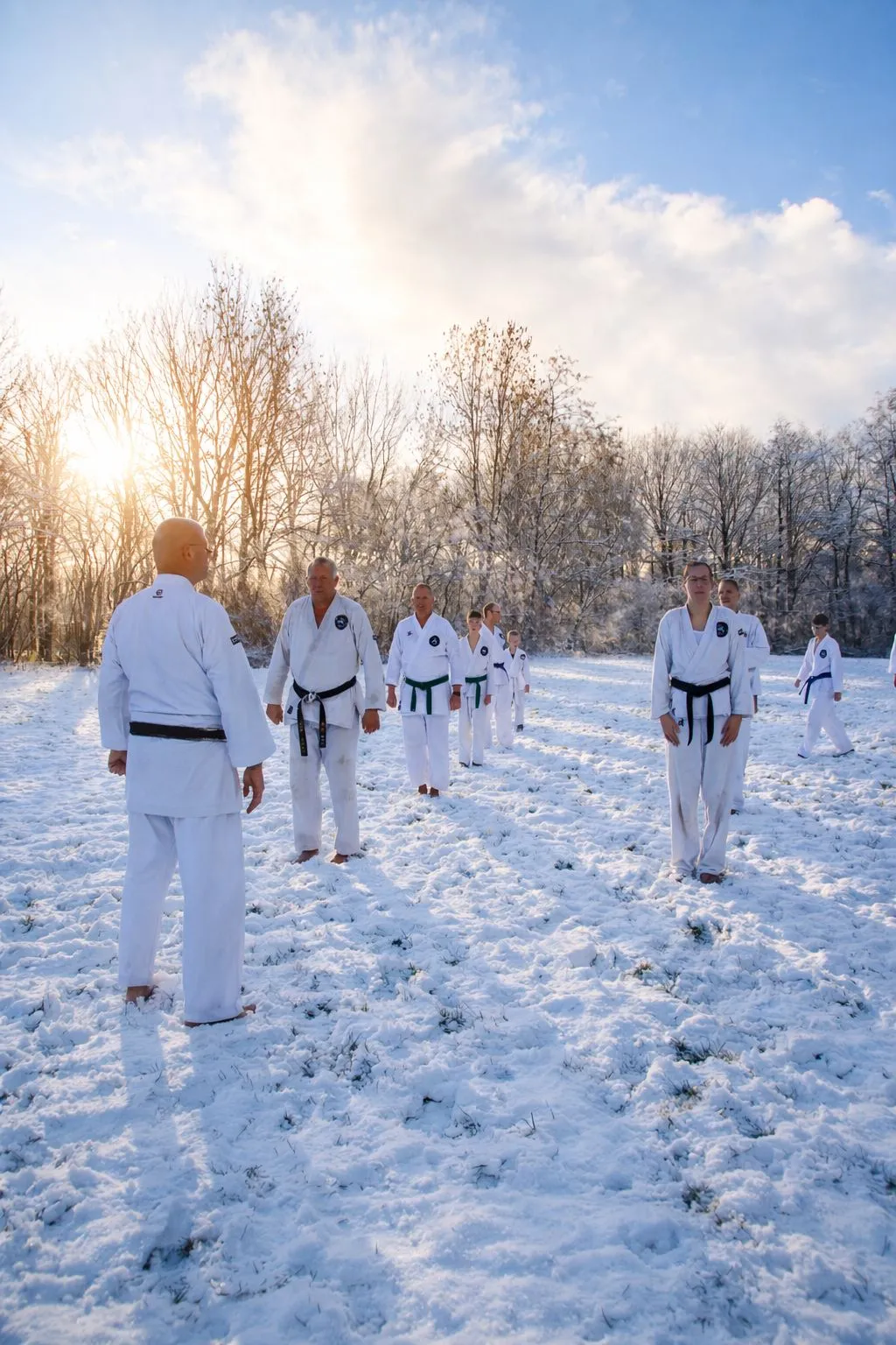 Karateleerlingen trainen in de sneeuw bij Karateschool Cor Slok